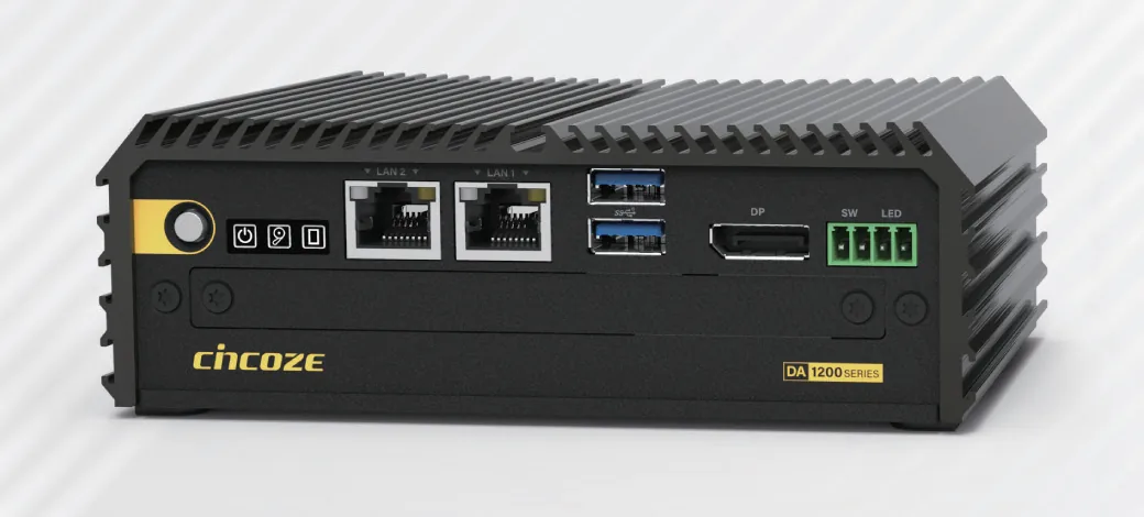 Máy tính công nghiệp cỡ bàn tay Cincoze DA-1200 vỏ nhôm đen, mặt trước 2 LAN, 2 USB, DisplayPort và terminal nguồn